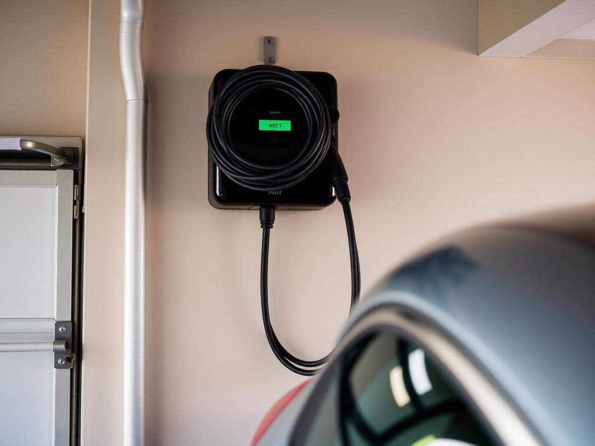 Borne de recharge pour véhicule électrique installée dans un garage