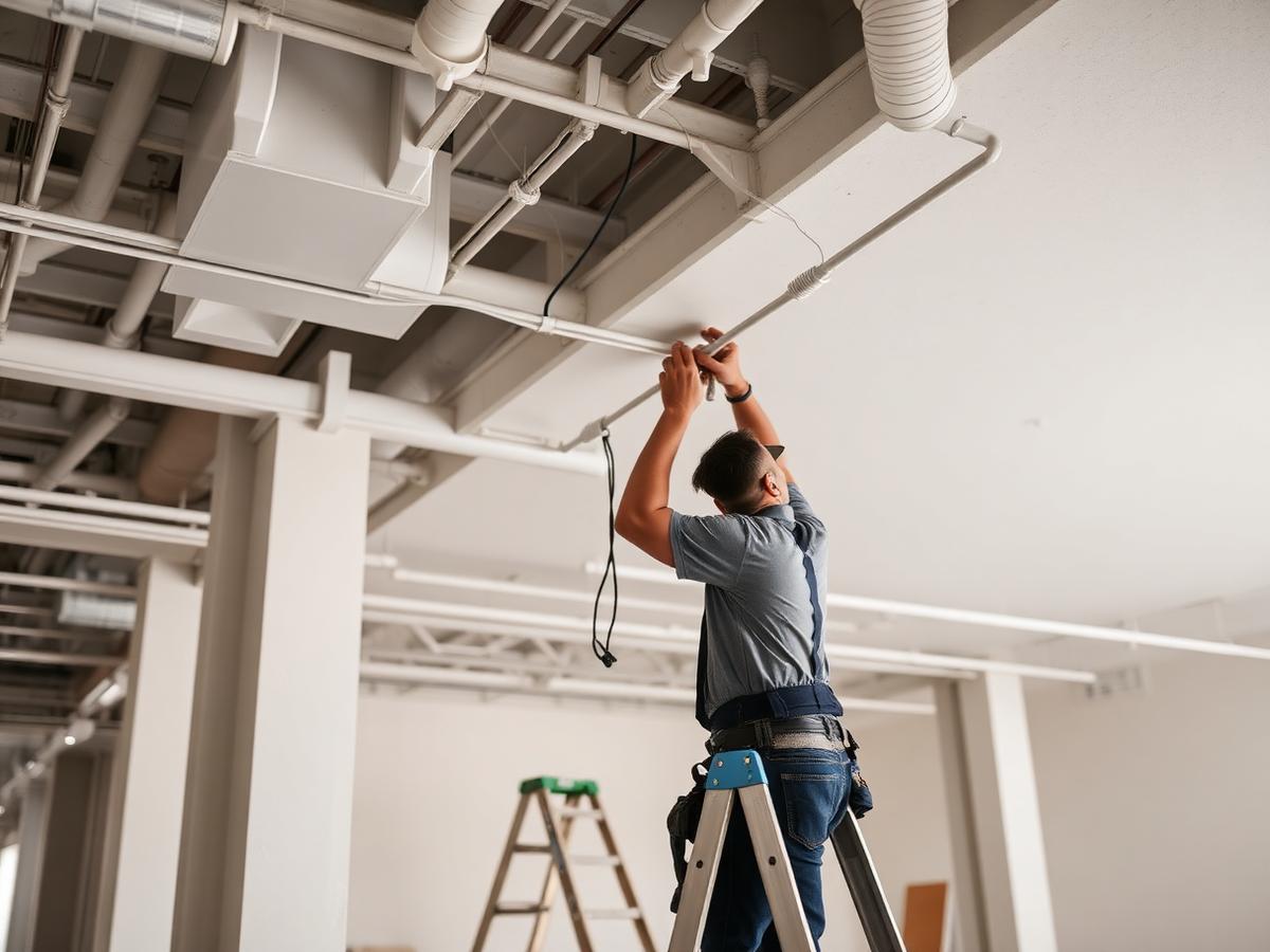Électricien installant l'éclairage d'un local commercial